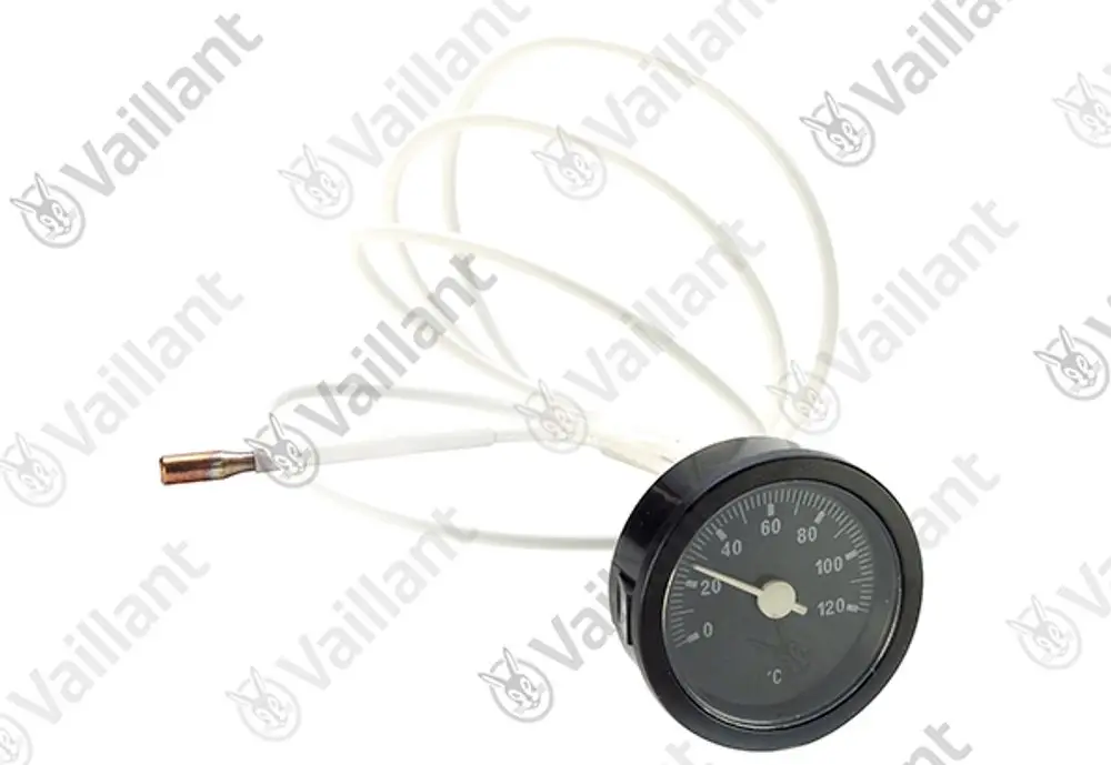 Vaillant Thermometer mit einem Zifferblatt zur Messung der Temperatur, verbunden mit einem Sensor durch weiße Kabel.
